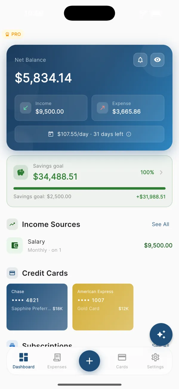 Monspend dashboard with net balance, savings goal and credit cards