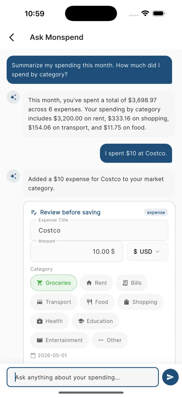 Ask Monspend AI answering a question about spending