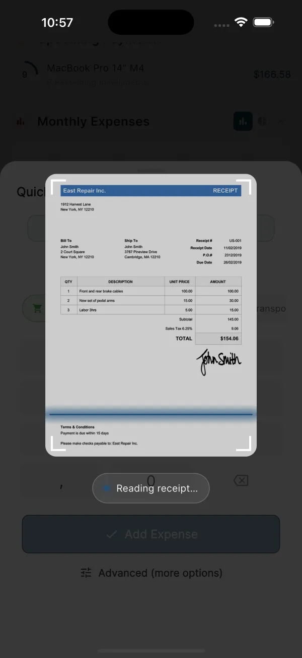 Receipt scan filling in an expense