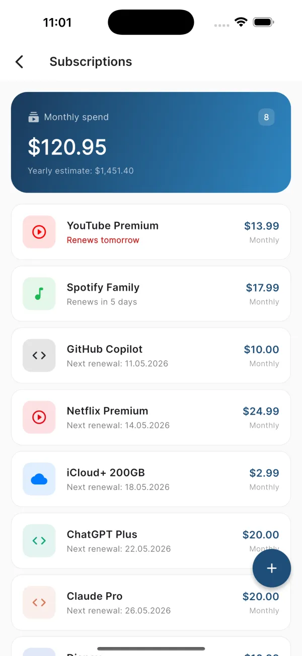 Subscription list with upcoming renewals